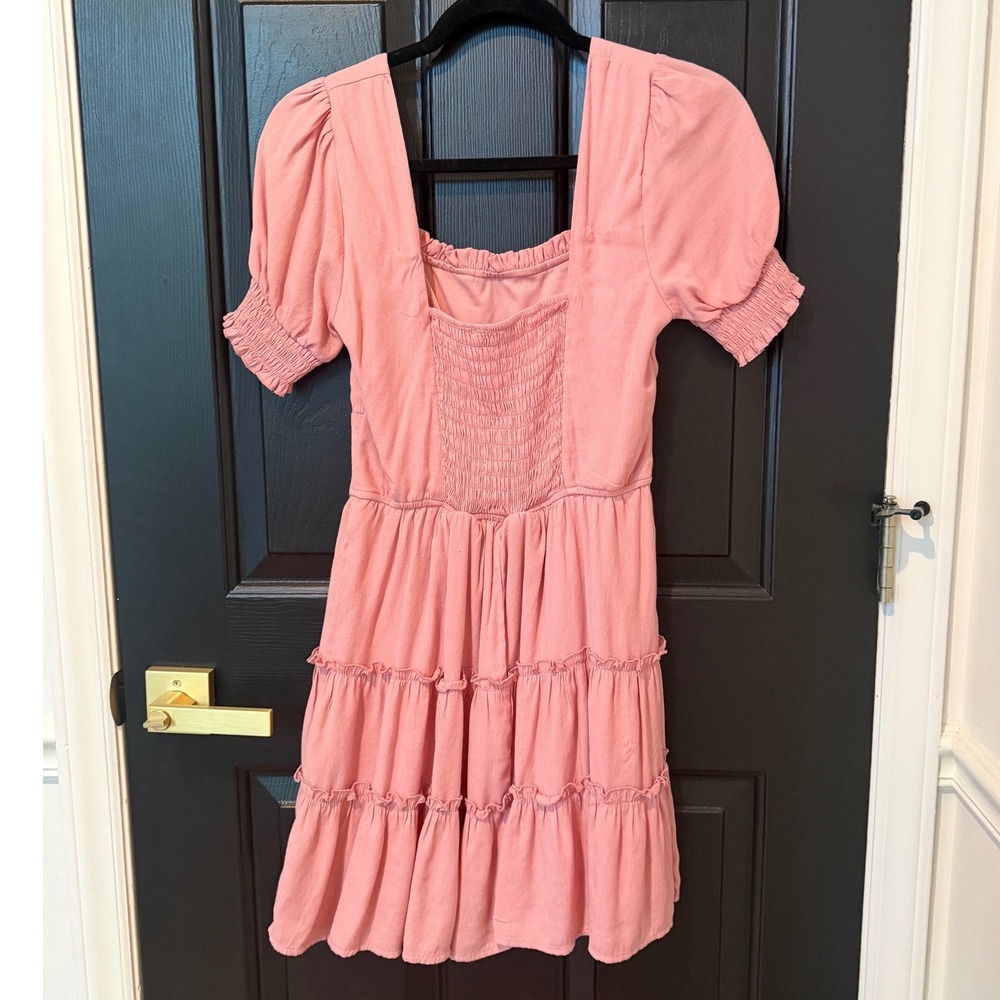 Trixxi Pink Puff Sleeve Tiered Mini Dress Cottagecore Square Neck Smocked Small - Picture 10 of 10